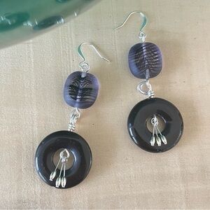 2/$29 Handmade Obsidian Glass Dangle Earrings Black Purple Stripe Silver